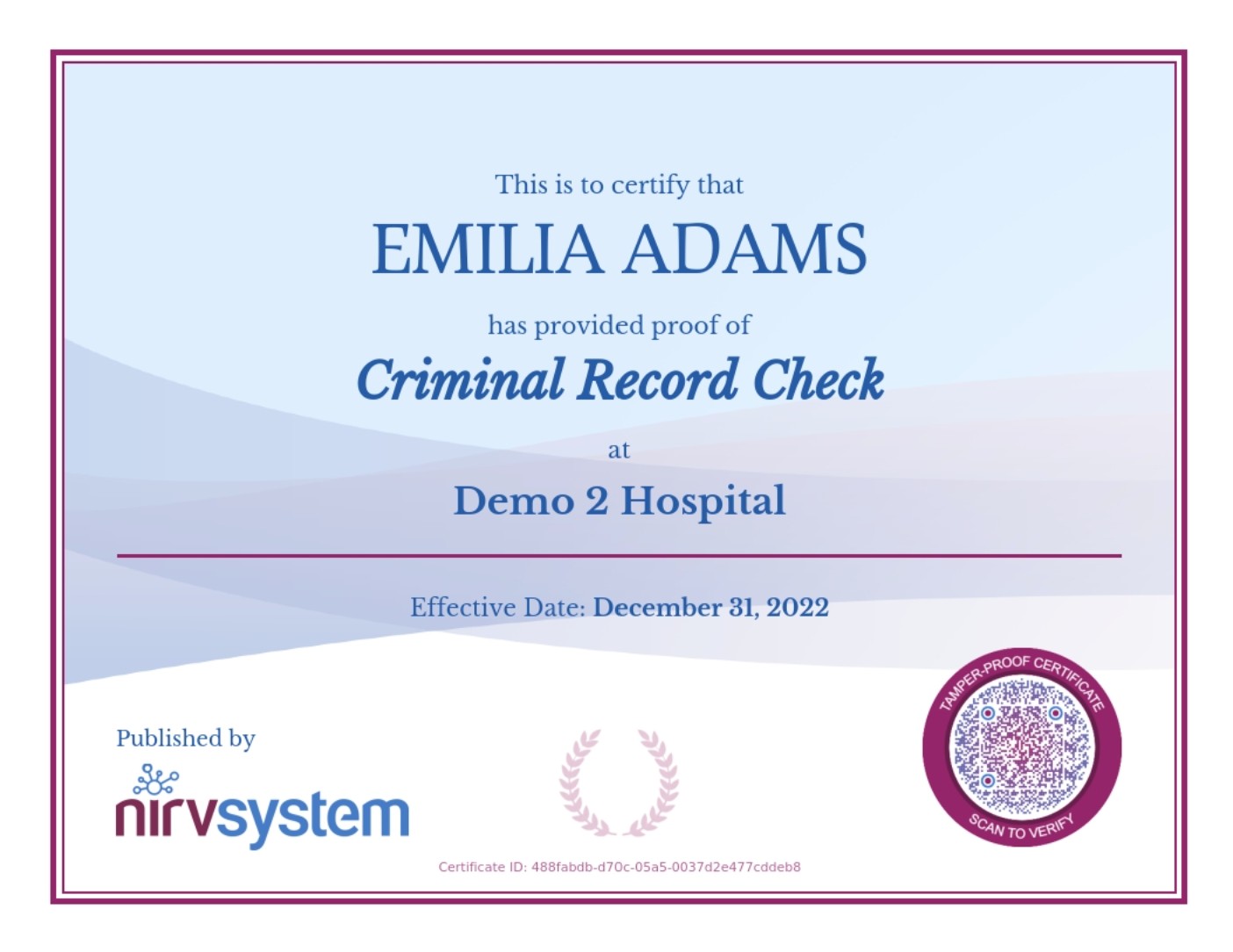 NirvSystem Verification Certificate with QR Code